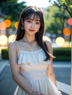 (16k, RAW photo:1.2), best quality, high res, masterpiece, hyper realistic, ultra detailed face, a pretty girl, captivating glaze, enchanting eyes, aesthetic, beautiful, hair with bangs, face glowed with beauty, hairband, bokeh, a little smile, full shot, sundress, fashionable necklace and earrings,chinatsumura