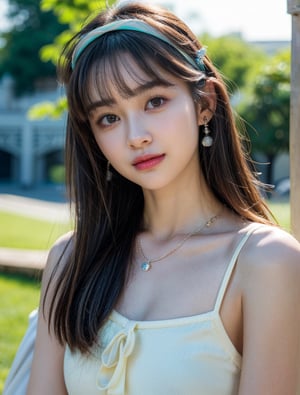 (16k, RAW photo:1.2), best quality, high res, masterpiece, hyper realistic, ultra detailed face, a pretty girl, captivating glaze, enchanting eyes, aesthetic, beautiful, hair with bangs, face glowed with beauty, hairband, bokeh, a little smile, Close Shot, close up of face, fashionable necklace and earrings,chinatsumura