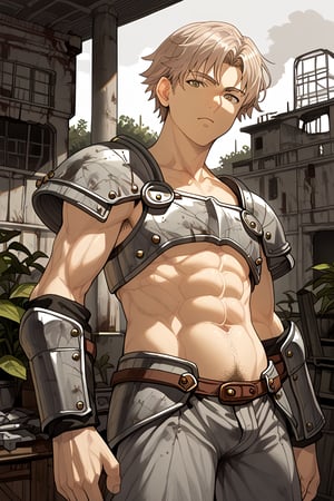 solo, looking at viewer, collarbone, Beige hair, male focus, whole body, straight hair, abandoned building, old furniture, pubic hair, Armor, bangs, short hair, Abdominal muscles, cement, plant, leg, metal,scenery,Yoichi, Island set, armor pants