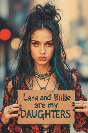 a chest up flat illustration portrait of fionaapp in expresssive intricate dress, long black hair with blue streak hair, chignon, choker, lively pose, holding a sign, perfect text ("Lana and Billie are my daughters"), casual street background, ncg, in only four colors,