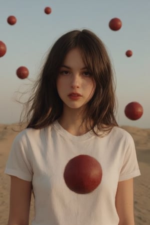 A medium shot of olirod (black hair) in the middle of nowhere. olirod is wearing a white blouse. There are different sizes red balls suspended in the air. Red balls floating in the air. Photorealistic. Fantasy detailers,emoart