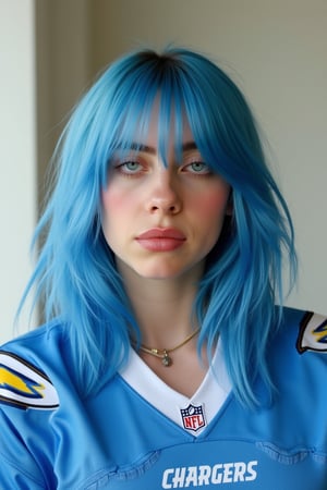  This image is a highly detailed, realistic portrait photography of Billie Eilish (woman, blue hair), (medium shot), wearing a Los Angeles Chargers jersey.