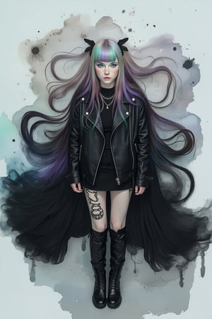 Dreamy art. Overhead shot of evamos in Black Cyberpunk leather jacket and boots, She has rainbow color hair. surrounded by a misty color palette of translucent blues, pale grays, and ethereal silvers, contrasting with hints of faded lavender and soft ghost green, incorporating indie fashion with flowing, otherworldly fabrics and vintage lace details.