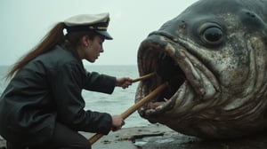 Ultra realistic close-up analog photo, depth of field, cinematic movie still, A creepy, crooked mutant woman captain pokes around in the open mouth of a giant fish on an old pier with a shovel. evamos