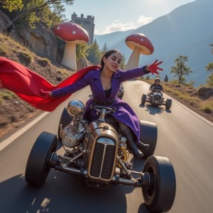 Hasselblad X1D II 50C, cinematic lighting, high contrast, ISO 100, with a 35mm wide-angle lens.
A high-energy, live-action videogame scene of a woman (johaneli, black hair) in the middle of a high-speed chase, like mariokart. She is wearing a long purple trench coat with red gloves, black boots, and a large, exaggerated red scarf billowing behind her in the wind, as she sneers with delight, gripping the wheel of her souped-up, steampunk-style race kart. The kart's exaggerated, cartoonish design features oversized wheels, exhaust pipes spewing thick smoke, and various gadgets sticking out, ready for sabotage.

The scene is set on a winding mountain road with giant mushrooms on one side and a castle at the other. Behind her, other racers are caught in the chaos, dodging traps and obstacles set by her, like banana peels and red shells. The background blurs from the speed, and the lighting highlights the intense action, with sparks flying and debris scattering as cars crash and swerve around her. The scene captures the humor, action, and chaos of a live-action **Mario Kart**.