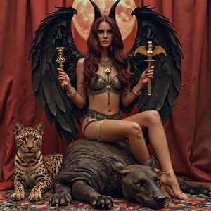 masterpiece, best quality, Lilith, beautiful petite girl,, long hair, holding ankh in each hand, sitting on big ugly demon with 3 horns and bat wings, leaning forward, beauty, dark angel wings, transparent ghost mini bikini, sexy, lying jackal in front, ostrich behind, leopard, cheetah, wild cats, Red sea on background, dynamic angle, full height, full body, realistic, photo realism, high quality photo, high detail, 4k, hi res, lanadelrey