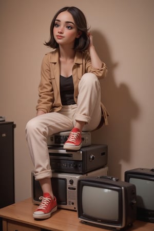 high-resolution image of a woman (johaneli, black hair), wearing casual clothes and red converse sneakers, (sits on top of a stack of vintage televisions), old CRT televisions, contemporary, retro, minimalism, warm earthy tones, neutral background, soft diffused lighting, gentle shadows, 50mm lens, grain effect, dreamy nostalgic vibe, (masterpiece, best quality, ultra detailed:1.3), detailed photograpghy,csrlds,Hollywood Cinematic Film style,epic photography,dramatic light,Kodak film style