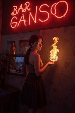 A very beautiful woman (johaneli, black hair) is pointing at the viewer, pointing at a large neon sign that says "Bar Ganso". The background is dark gothic with dark tones in a Japanese style. Detailed texture, high quality, high resolution, high precision, realism, color correction, good lighting settings, harmonious composition, Behance work, watercolor,ct-kjbp, , as huge fire crackles from her hand,