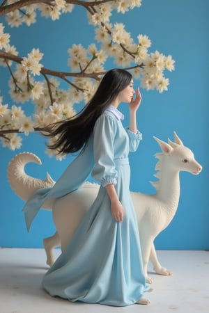 A mysterious spy, in the style of delicate porcelain sculpting, elegant figures, timeless fashion, exquisite, made of mythical creatures, flowing forms, pastel-toned toning, Oliver Jeffers, surreal background,johaneli, black hair,Fantasy detailers,Blue and white porcelain style,Fantasy detailers 