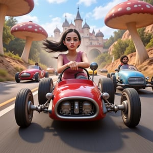 Hasselblad X1D II 50C, cinematic lighting, high contrast, ISO 100, with a 35mm wide-angle lens.
A high-energy, live-action videogame scene of a woman (johaneli, black hair) in the middle of a high-speed chase, like mariokart. She is wearing a victorian pink dress with a white scarf billowing behind her in the wind, as she sneers with delight, gripping the wheel of her souped-up, steampunk-style race kart. The kart's exaggerated, cartoonish design features oversized wheels, exhaust pipes spewing thick smoke, and various gadgets sticking out, ready for sabotage.

The scene is set on a road surrounded with giant mushrooms on one side and a castle at the other. Behind her, other racers are caught in the chaos, dodging traps and obstacles set by her, like banana peels and red shells. The background blurs from the speed, and the lighting highlights the intense action, with sparks flying and debris scattering as cars crash and swerve around her. The scene captures the humor, action, and chaos of a live-action **Mario Kart**.,3d render