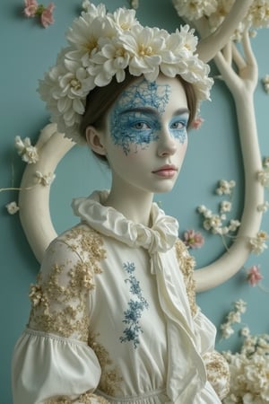 A mysterious spy with subtle blue camouflage on her face, in the style of delicate porcelain sculpting, elegant figures, timeless fashion, exquisite, made of mythical creatures, flowing forms, pastel-toned toning, Oliver Jeffers, surreal background,evamos