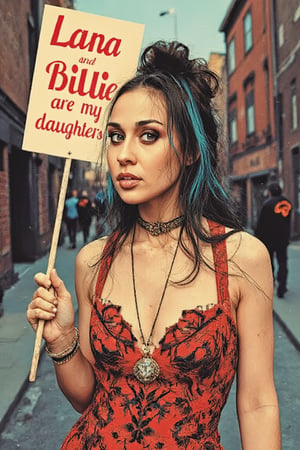 a chest up flat illustration portrait of fionaapp in expresssive intricate dress, long black hair with blue streak hair, chignon, choker, lively pose, holding a sign, perfect text ("Lana and Billie are my daughters"), casual street background, ncg, in only four colors,