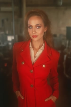 A sassy, 1960s-inspired portrait of a fetching factory worker fionaapp, sexy, posing confidently amidst industrial machinery. She sports a bright red, form-fitting uniform with a fitted jacket and flared skirt, complete with gleaming silver buttons and a crisp white blouse. Her makeup is bold yet tasteful, emphasizing her striking features: luscious lashes, rosy cheeks, and a radiant smile. Framed by the factory's worn brick walls and vintage machinery, she exudes a playful, all-American charm,photorealistic:1.3, best quality, masterpiece