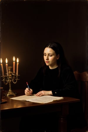 Oil painting. A woman (emely) writting a letter by a wood table. Candles enlight her. Oscure, dark, gothic. Caravaggio style of hard lights and hard shadows. The composition is centralized, with a focus on dramatic lighting using chiaroscuro. The palette is muted earth tones, heavy on browns, ochres, and deep reds, contrasted with strong light and shadow.