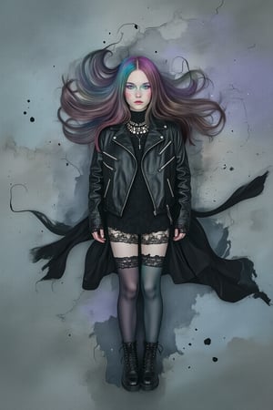 Dreamy art. Overhead shot of evamos in Black Cyberpunk leather jacket and boots, She has rainbow color hair. surrounded by a misty color palette of translucent blues, pale grays, and ethereal silvers, contrasting with hints of faded lavender and soft ghost green, incorporating indie fashion with flowing, otherworldly fabrics and vintage lace details.