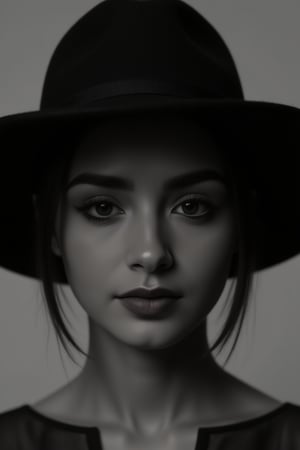 Black and white portrait of a beautiful woman jolily wearing a black hat covering her face, only her red lips are visible, zaya