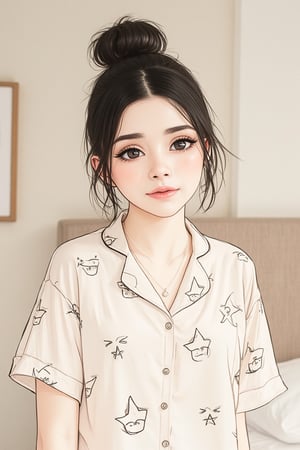 A minimalist illustration with clean marker strokes, a woman with messy bun hair, wearing cute cartoon pattern pajamas, ready to sleep, dim cozy room lighting, centered composition, focus on crisp lines and minimal details, capturing the relaxed, bedtime atmosphere.,emely