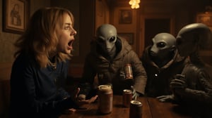 Ultra realistic close-up analog photo, depth of field, cinematic movie still, Billie Eilish yells at small grey big-headed aliens who are stealing cans of beer in an old dark village bar.