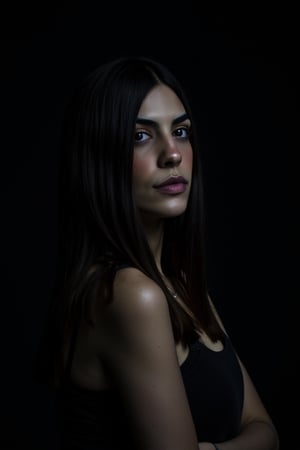 Photograph of naimav, black hair, in the style of annie leibovitz, dark background, black and white, creative lighting, cinematic lighting