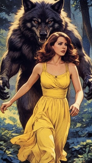 (by Loish, Leyendecker, James Gilleard), lanadelrey scared women, yellow dress, running away from an evil wolf., 1970s theme and color pallete, summer, night, retro futuristic, forest background.