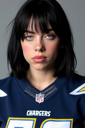  This image is a highly detailed, realistic portrait photography of Billie Eilish (woman, black hair), (medium shot), wearing a Los Angeles Chargers jersey.