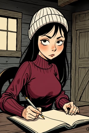 Horror comic illustration of a woman (emely, black hair) wearing a wine-red sweater and a white beanie. She is writing a letter in a rustic victorian style cabin. Comic style. 