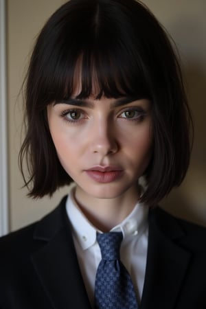 Masterpiece, 8k, hdr, best quality, (highly detailed skin), photography, analog style, real life, extremely beautiful, (highly detailed, intricately detailed), ray tracing, (dramatic lighting), (alluring eyes), 
Gorgeous woman (lilyco), short black hair, brown eyes, pale skin, wearing an elegant black suit, white shirt and blue tie. (Medium shot)