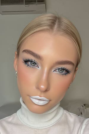 (Best quality, 8k, 32k, Masterpiece, UHD:1.2), portrait of a gorgeous evamos, posing for a fashion magazine white gloss lipstick, wearing a white turtleneck couture dress, white lipstick , ((Fancy white make up, white eyeshadow, long fancy eyeliner,)) face glitter, (platinum dyed straight hair), and attractive features, looking at viewer, eyes, eyelid, leashes, eyes contact, focus, depth of field, film grain, serious, ray tracing, sunset, ((contrast lipstick)), detailed natural real skin texture, perfect straight platinum dyed hairstyle ,visible skin pores, anatomically correct