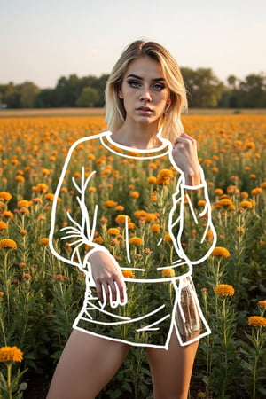 A full body shot of a desirable blonde woman in a field of flowers, wearing a sweater and skirt with white sketch hand drawing outline tracing the edges of the clothing, but inside the outline, the figure is invisible, revealing the behind them , her expression serene as she gently brushes her fingers through the blooms around her, with the afternoon sun casting a warm glow across the field, shot with a Nikon Z7 II, 50mm f/1.4 lens, vibrant colors
.,Resaqis,Zur1n3,Invistyle,tiabren