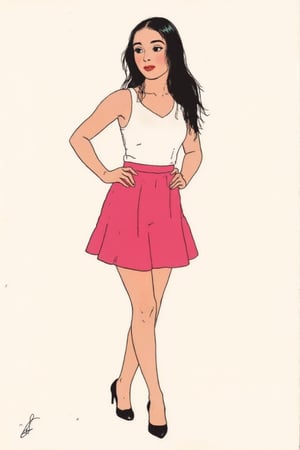 Titin style cartoon of johaneli, black hair, wearing a white top, pink skirt and black heels. Simple background.