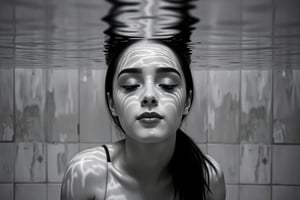 Black and White photo. Closeup shot of a serene and artistic underwater scene featuring a woman (johaneli, black hair) partially submerged in water. The water surface gently ripples above her head, creating intricate patterns of light and shadow on her face and body. Her eyes are closed, and her expression is peaceful and contemplative. The background is a tiled surface, blurred by the water, adding a sense of calm and isolation to the scene. The overall color palette is muted, with soft grayscale tones that enhance the tranquil, reflective atmosphere. The image captures the ethereal beauty of light and water interacting with human form, evoking a sense of introspection and quietude.