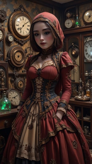 "Little Red Riding Hood in a dark steampunk laboratory, dressed in (gothic Lolita attire), red hood trimmed with lace, brass gears and steam pipes surrounding her, dim lighting with glowing green potion vials, (intricate detailing) on her Victorian-style gown, clockwork wolves lying in the shadows, golden light casting eerie shadows, dramatic angles, anime-inspired design, ((highly detailed)), high contrast, vibrant tones",zahan,Cosplay .,Enhanced all,emoart,Steampunk Apparel johaneli, black hair