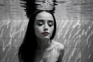 Black and White photo. Closeup shot of a serene and artistic underwater scene featuring a woman (johaneli, black hair) partially submerged in water. The water surface gently ripples above her head, creating intricate patterns of light and shadow on her face and body. Her eyes are closed, and her expression is peaceful and contemplative. The background is a tiled surface, blurred by the water, adding a sense of calm and isolation to the scene. The overall color palette is muted, with soft grayscale tones that enhance the tranquil, reflective atmosphere. The image captures the ethereal beauty of light and water interacting with human form, evoking a sense of introspection and quietude.