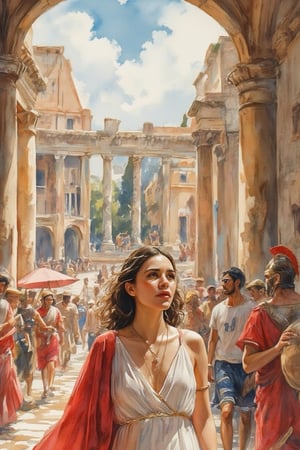 Watercolor style. Illustration. A time travelling modern woman (emely, forgreound, front view, beautiful face) arrives in ancient Rome, surrounded by towering columns and bustling crowds. People in togas and tunics walk the streets, while chariots race through the colosseum. The woman is amazed by the sights and sounds of this new world.