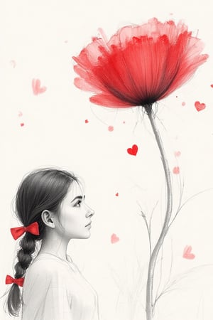 A white young girl (emely) standing, looking up at a floating ombre crimson red color of a giant single stalk of poppy flower with a dreamy expression. She has long black hair with a single braid tied with a red bow, and the overall style is soft and reminiscent of a pencil sketch with selective color highlighting the bow and heart, soft painterly, realism with dewdrops on the flower petals,FineArt,WatercolorWash 