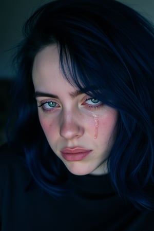 Close up photography of Billie Eilish, dark blue hair, crying black tears,crying style