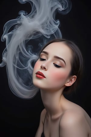 black and white image, midshot of a woman, (red lips only), billowing grey smoke completely surrounding her, the smoke turns in the shape of a heart and pose next to her face, black hair floating with the smoke, hair and smoke are mixed (((heart made just of smoke))). (johaneli),smoke visualization