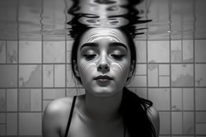 Black and White photo. Closeup shot of a serene and artistic underwater scene featuring a woman (johaneli, black hair) partially submerged in water. The water surface gently ripples above her head, creating intricate patterns of light and shadow on her face and body. Her eyes are closed, and her expression is peaceful and contemplative. The background is a tiled surface, blurred by the water, adding a sense of calm and isolation to the scene. The overall color palette is muted, with soft grayscale tones that enhance the tranquil, reflective atmosphere. The image captures the ethereal beauty of light and water interacting with human form, evoking a sense of introspection and quietude.