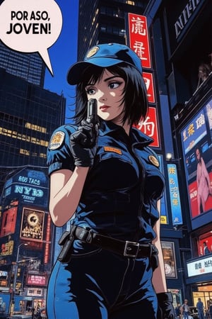 A stunning anime-inspired masterpiece! Anime of a beautiful female cop (johaneli, black hair) standing holding a gun,a text bubble with bold font saying: "Por eso, joven",upperbody shot,NYPD uniform,cap,sunglasses,mesmerizing,model body,by the style of Makoto Shinkai's artwork