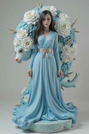 A mysterious spy, in the style of delicate porcelain sculpting, elegant figures, timeless fashion, exquisite, made of mythical creatures, flowing forms, pastel-toned toning, Oliver Jeffers, surreal background,johaneli, black hair,Fantasy detailers,Blue and white porcelain style,Fantasy detailers 