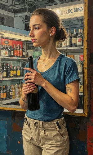 A woman (evamos)  holding a bottle of wine standing next to the liquor store. A Cubist scene where human figures and objects are transformed into sharp geometric fragments. Each element is viewed from multiple angles at once, deconstructing the entire scene into non-linear, angular forms. Collage of intersecting planes and sharp contrasts. Highly complex, multi-dimensional composition that rejects traditional depth and realism, and emphasizes the chaotic yet calculated nature of high Cubism, Futurism and Purism.