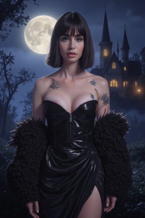 lilyco (short straight black hair) wearing sexy witch clothes, black clothes. The full moon and a haunted castle at background. Obscure, dark vibes.,PT[WPM]