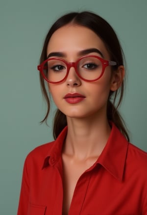 xrottx-retro-stryle,retro style,1girl, red glasses, slightly smiling, realistic,jolily