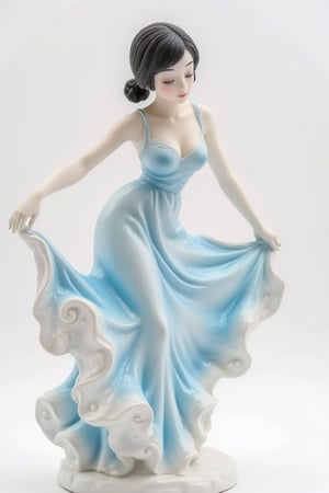 ((Medium shot)) A stunning model, in the style of delicate porcelain sculpting, elegant figure, timeless fashion, exquisite, flowing forms, pastel-toned toning, white background,johaneli, black hair,Blue and white porcelain style (close up)