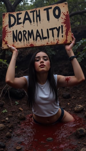 Even as her whole body sinks to the depths of hell, she desperately holds up a placard with one hand. The placard reads, "DEATH TO NORMALITY!",johaneli, black hair,FluxBoost