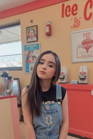 Portrait MagMix Girl look at camera, long black hair, Overalls, Retro ice cream parlor with pastel-colored walls, a classic soda fountain counter, and vintage ice cream posters, bathed in warm sunlight, analog film photo, Kodachrome. johaneli