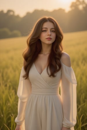 A beautiful and sensually attractive lady with long, flowing chestnut hair, gilliany, standing in a sunlit meadow during the golden hour. She is wearing a flowing, off-the-shoulder white dress that gently hugs her figure, with the soft fabric fluttering in the breeze. The warm, golden light bathes her in a soft glow, highlighting her radiant skin and creating a dreamy, ethereal atmosphere. Her expression is serene and inviting, with a slight smile as she gazes into the distance.,FuturEvoLabElegant