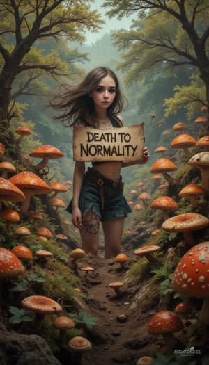 On a forest full of mushrooms and funny friendly monsters, a woman, beautiful face, desperately holds up a placard with one hand. The placard reads, "DEATH TO NORMALITY!",johaneli,assassinkahb style,Fantasy detailers,Midjourney_Whisper,Fantasy detailers,emoart,Fantasy detailers 