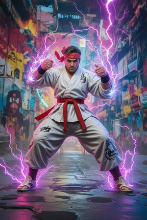 The artwork is a mesmerizing scene with abstract brushstrokes of vibrant colors.The background is alive with neon graffiti, futuristic heraldry, and a palpable sense of movement. The dominant figure is a fierce fighter dressed in a white kimono and red bandana, crackling with energy and lightning. The fighter’s powerful stance and intricately detailed aura seamlessly blend into the high-tech, abstract backdrop. The lively neon designs around the fighter add a touch of the ethereal.3dartCA,Midjourney_Whisper pochito