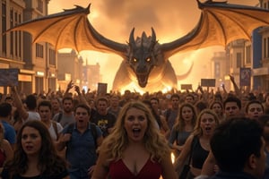 People fleeing in terror, screaming, their faces fearful.  The city is burning and a big fire breathing wyvern dragon is chasing them.
gabbiecar in foreground